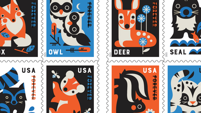 A pane of stamps showing illustrations of cute baby animals