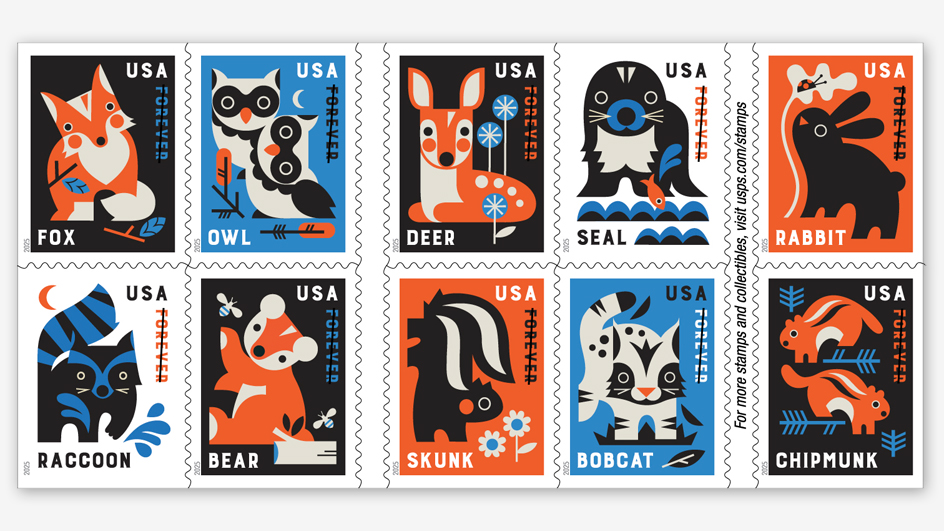A pane of stamps showing illustrations of cute baby animals