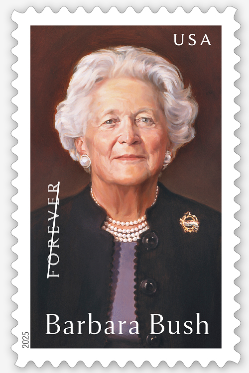 A stamp depicting a painting of Barbara Bush
