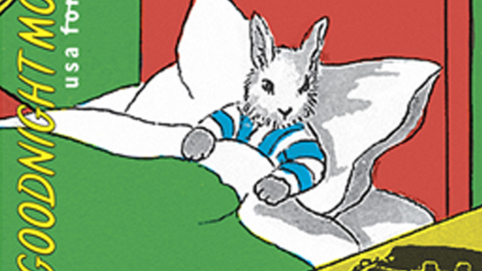 A stamp showing a bunny in bed from the children's picture book Goodnight Moon