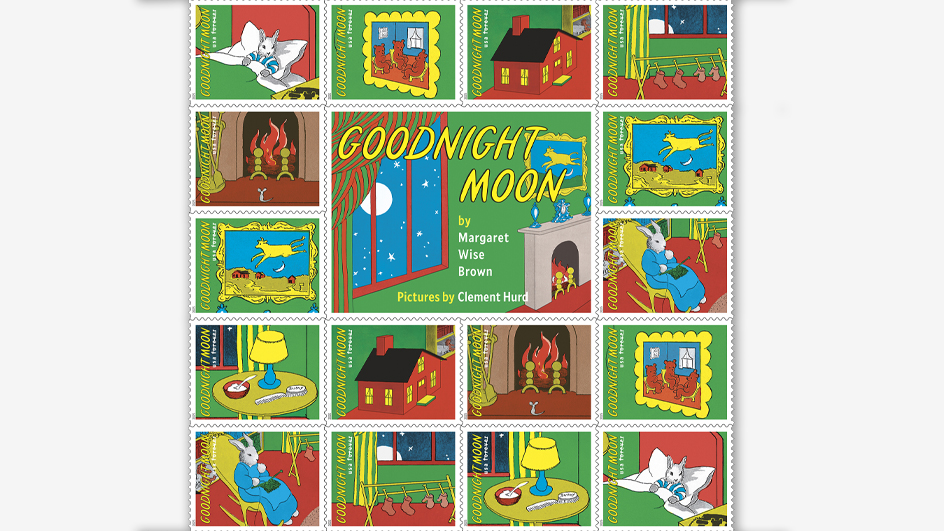 A sheet of stamps featuring colorful images from a children's picture book