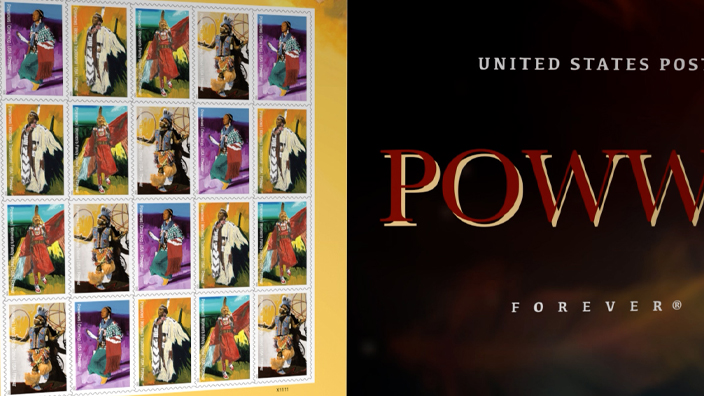 A graphic showing stamps featuring Native American dancers