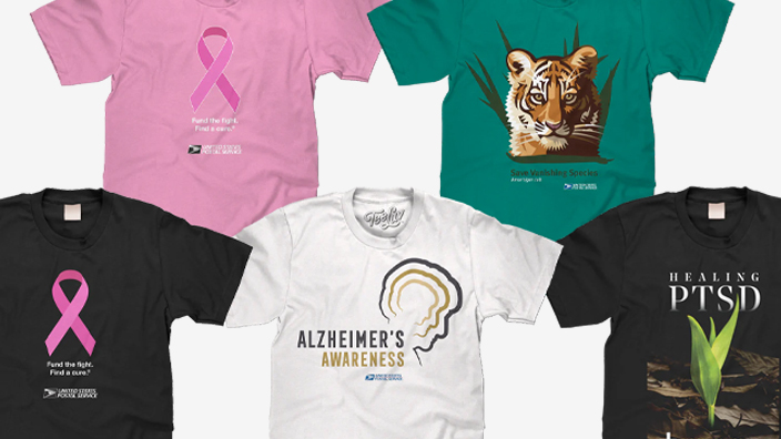 A collage of T-shirts bearing images of Alzheimer’s, breast cancer research, PTSD and vanishing species stamp images