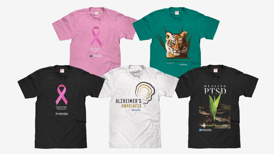 A collage of T-shirts bearing images of Alzheimer’s, breast cancer research, PTSD and vanishing species stamp images
