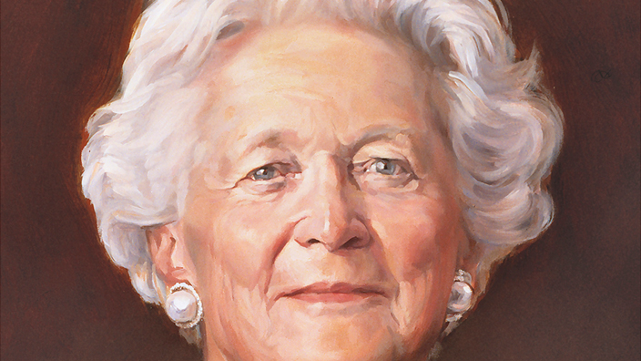 A stamp showing an oil painting of former first lady Barbara Bush
