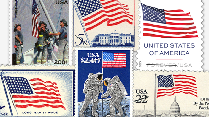 A collage of mostly vintage postage stamps bearing images of the U.S. flag
