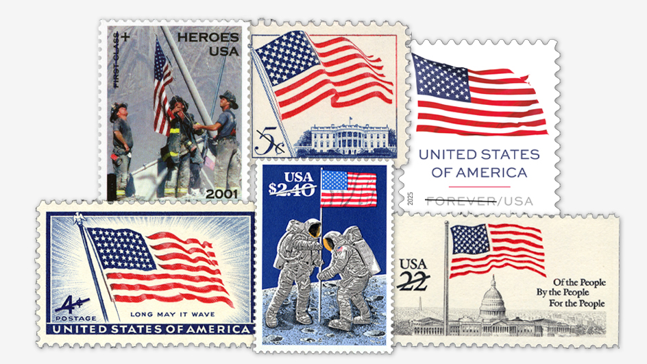 A collage of mostly vintage postage stamps bearing images of the U.S. flag