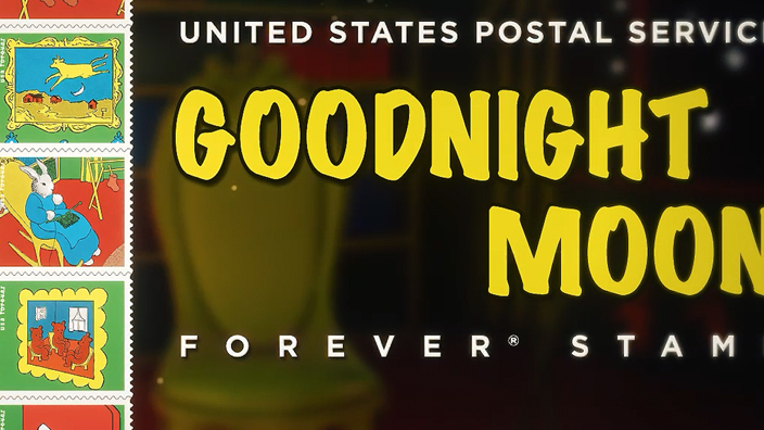 A graphic that displays a sheet of stamps featuring scenes from the children’s picture book Goodnight Moon