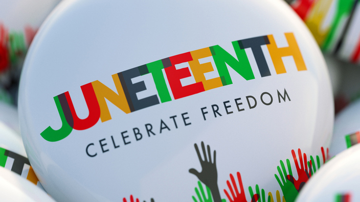 An array of badges bearing the text Juneteenth
