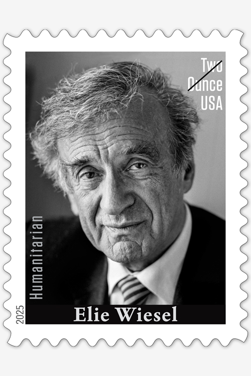 A stamp bearing a black-and-white portrait of an older man