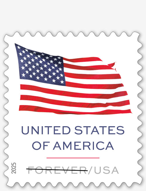 The U.S. flag appears on a white background in a new USPS stamp.
