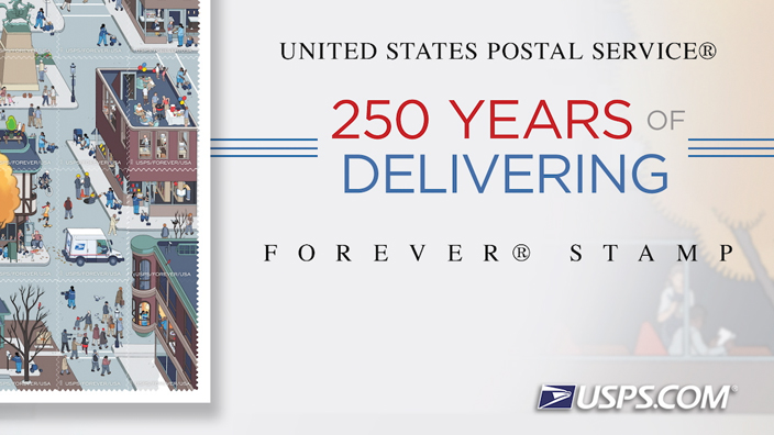 A graphic displaying an image of a sheet of stamps depicting a postal worker working in a variety of urban settings