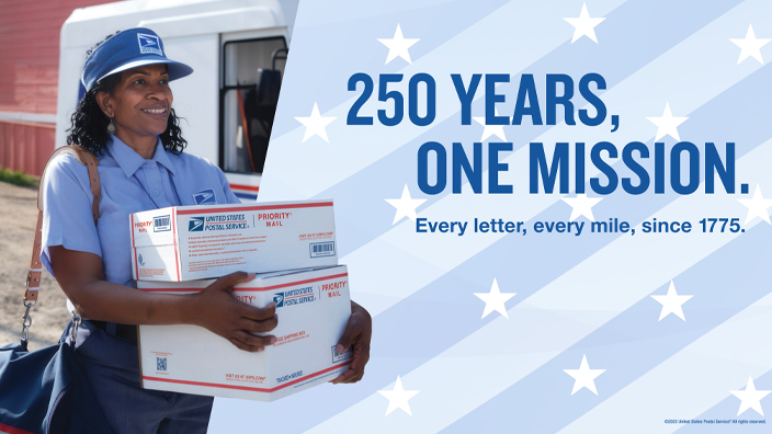 A poster and two decals featuring Postal Service employees and USPS 250 logo.