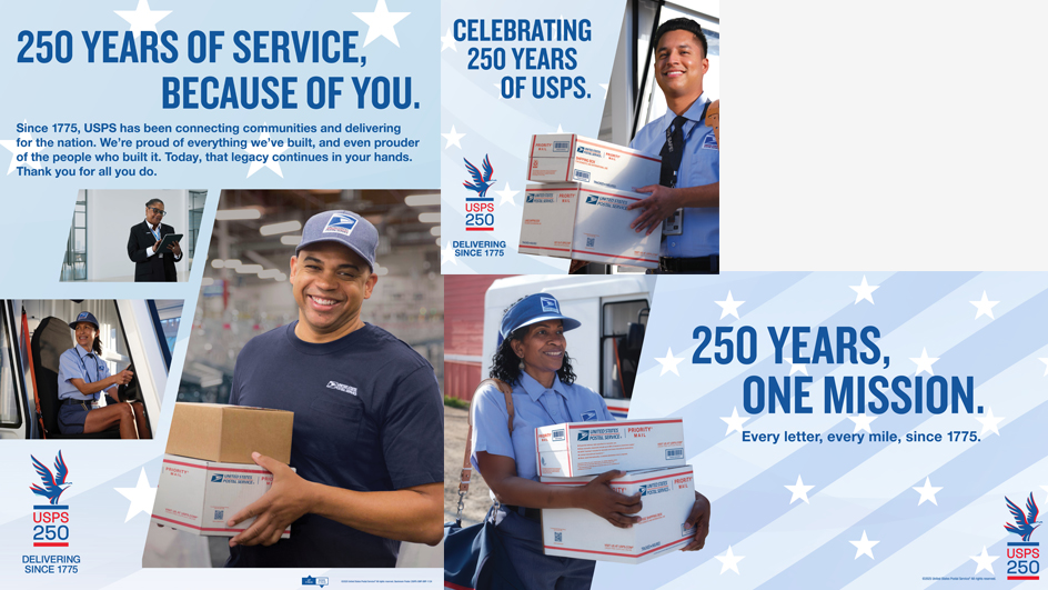 A poster and two decals featuring Postal Service employees and USPS 250 logo.
