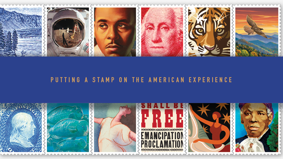 A book cover featuring vintage stamp images