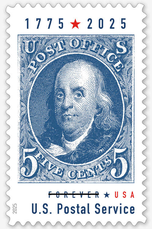 A vintage stamp featuring an illustration of Benjamin Franklin