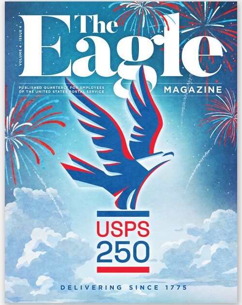 A USPS employee magazine cover showing an illustration of an eagle taking flight above the letters “USPS” and the numbers “250.”