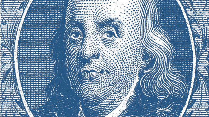 A vintage-style stamp featuring a portrait of Benjamin Franklin in blue ink