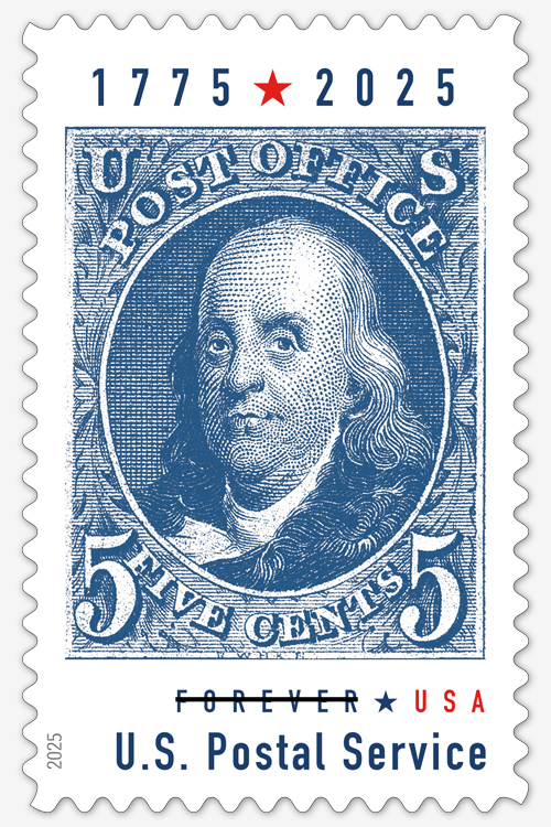 A vintage-style stamp featuring a portrait of Benjamin Franklin in blue ink