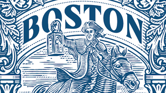 Two vintage stamps bearing Colonial-era images of Boston