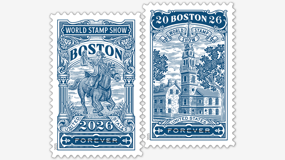 Two vintage stamps bearing Colonial-era images of Boston