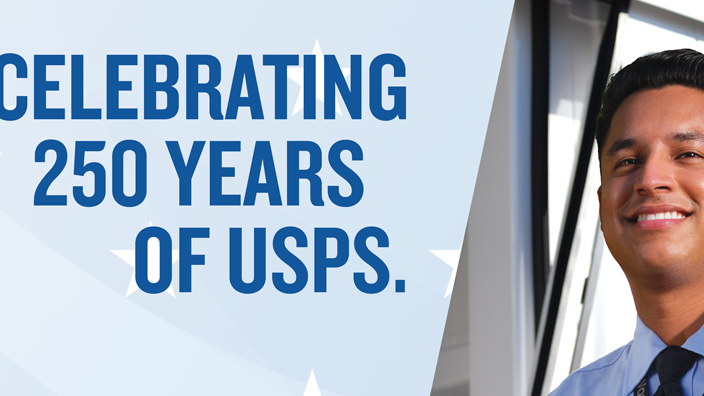 A sign that shows a smiling letter carrier and the words “Celebrating 250 Years of USPS”