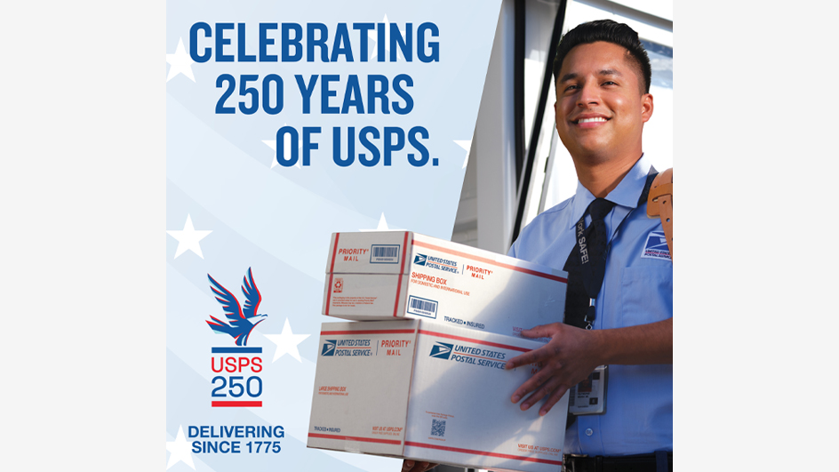 A sign that shows a smiling letter carrier and the words “Celebrating 250 Years of USPS”