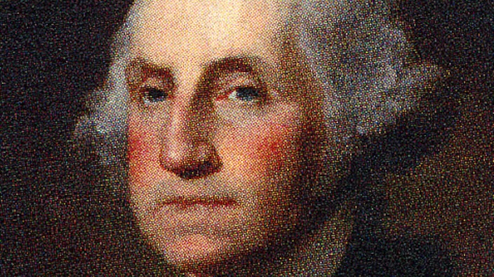 A postage stamp that features a painting of George Washington