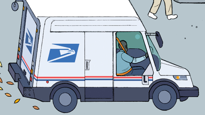 A stamp that shows a cartoon city scene in which a letter carrier walks along a sidewalk as a worker in a manhole in the street reaches up to hand her a letter