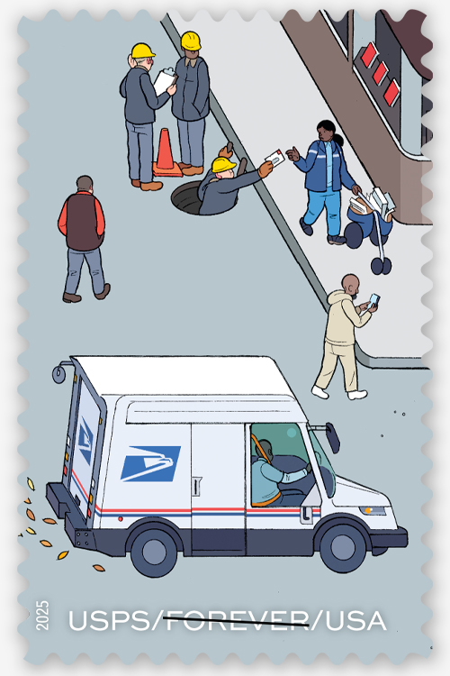 A stamp that shows a cartoon city scene in which a letter carrier walks along a sidewalk as a worker in a manhole in the street reaches up to hand her a letter