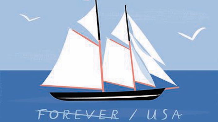 A white card with a stamp of a schooner in the upper right corner