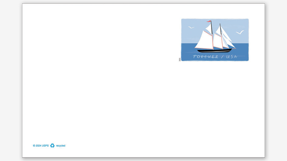 A white card with a stamp of a schooner in the upper right corner