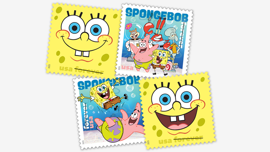 Four stamps featuring colorful cartoon characters