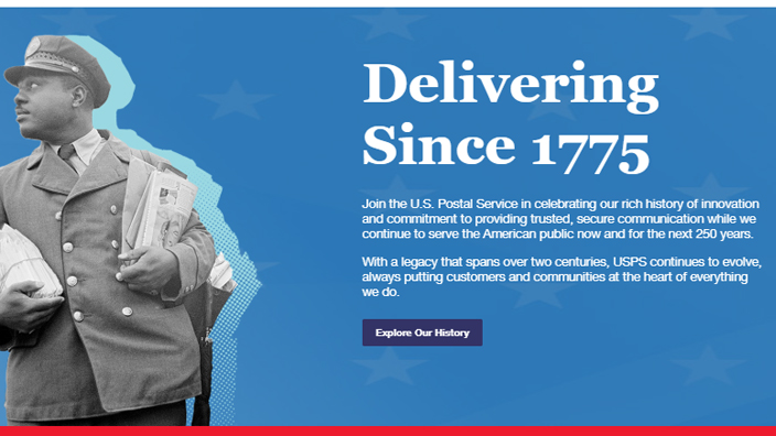 A screenshot of a website that shows a 1960s-era letter carrier and a portrait of Benjamin Franklin