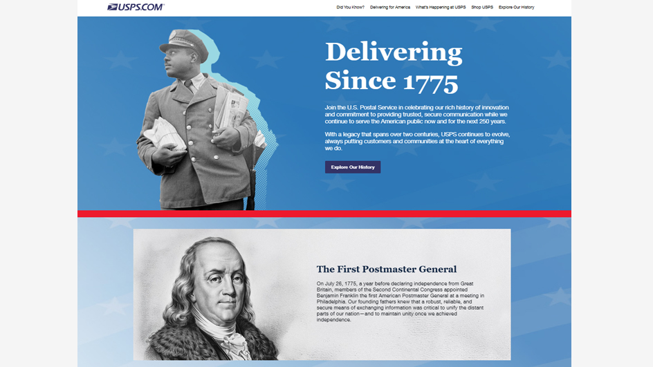 A screenshot of a website that shows a 1960s-era letter carrier and a portrait of Benjamin Franklin