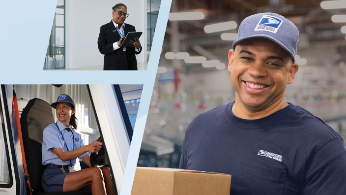 A poster displaying images of smiling postal workers under the headline “250 Years of Service, Because of You”