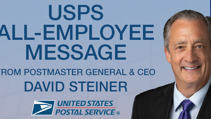 A graphic displaying a portrait of a smiling man wearing a business suit alongside the words “USPS All-Employee Message”