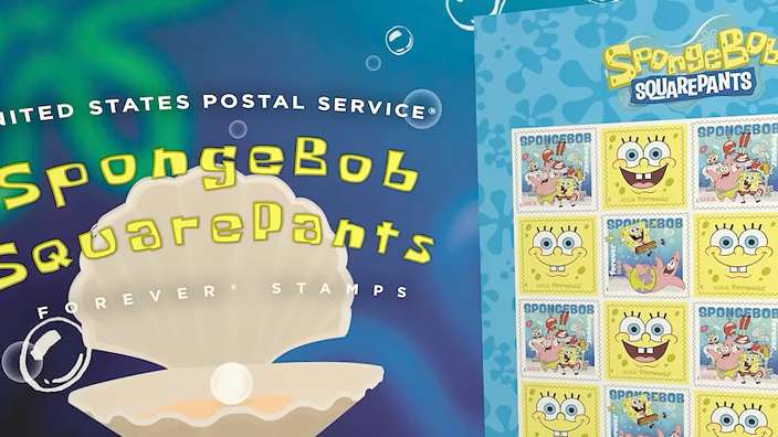 A graphic displaying the four SpongeBob SquarePants stamps