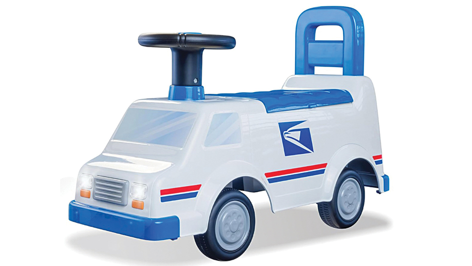 A colorful ride-on toy that resembles a USPS delivery vehicle