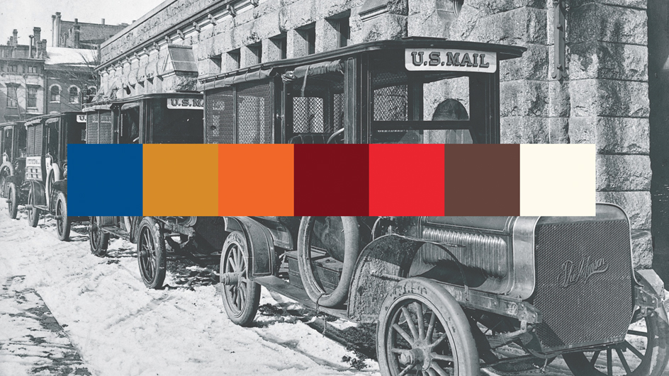 A strip of seven colors designed to celebrate the 250th anniversary of the Postal Service