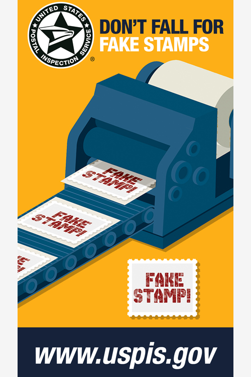 An illustration of a machine churning out fake stamps