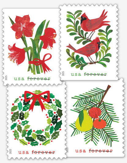 The Holiday Cheer stamps showing illustrations of flowers, a wreath, fruit and cardinals.