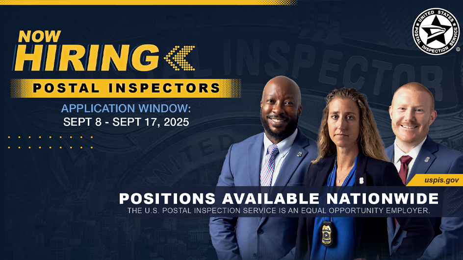 A graphic that shows three people and the Postal Inspection Service logo