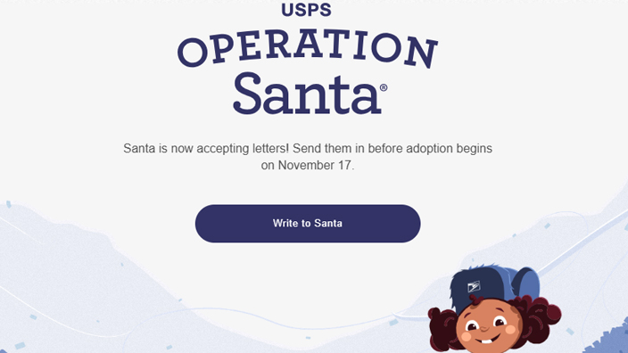 A screenshot of a website showing an animated elf’s head sticking out of a pile of envelopes.
