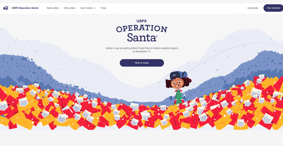 A screenshot of a website showing an animated elf’s head sticking out of a pile of envelopes.