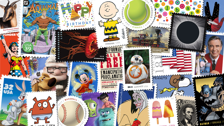 A colorful collage of stamps