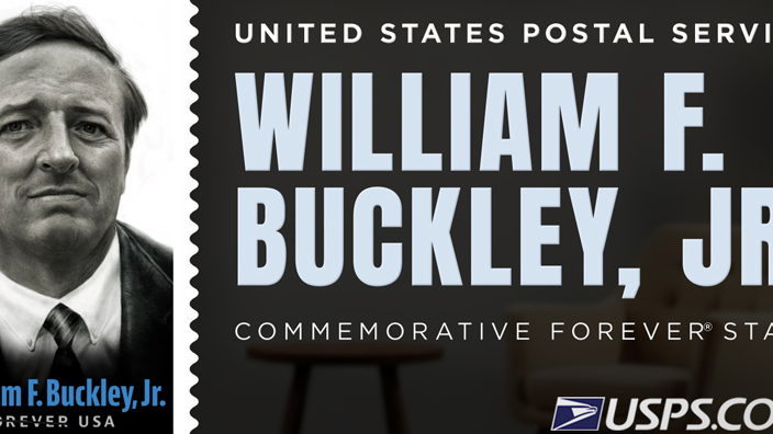 A graphic featuring an image of a stamp depicting conservative commentator William F. Buckley Jr.