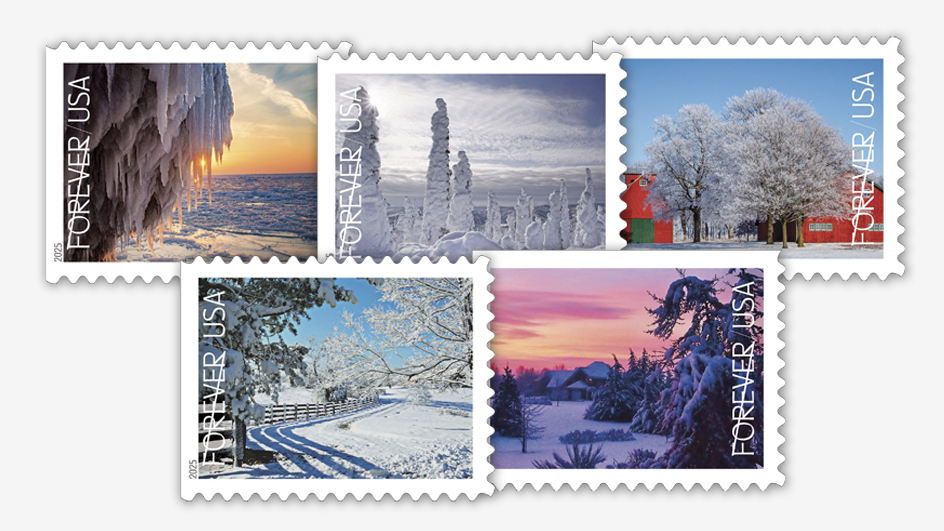 A sheet of stamps showing wintery scenes