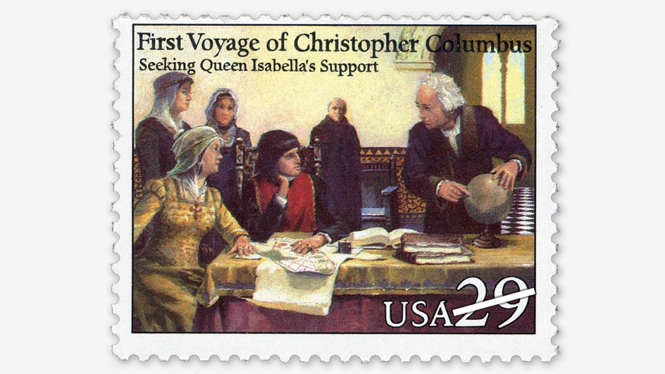 A stamp featuring an illustration of Christopher Columbus hunched over a globe and pointing as Queen Isabella and others look on