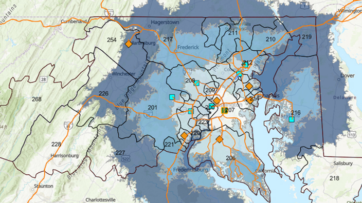 A map of the eastern United States showing various USPS processing facilities and transportation routes
